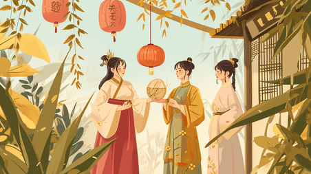 创意中国古代女子聚会聊天插画4