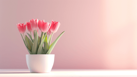 创意粉色文艺春季花朵植物郁金香简约唯美白色花瓶里插花的背景17