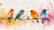 创意彩色水彩树枝上的鸟春天植物插画19