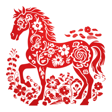 窗花动物创意红色剪纸风传统十二生肖马PNG素材