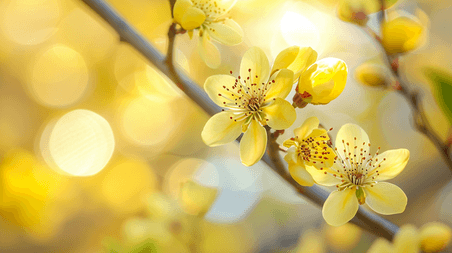 创意春天阳光下树枝枝头开花的腊梅花背景图3