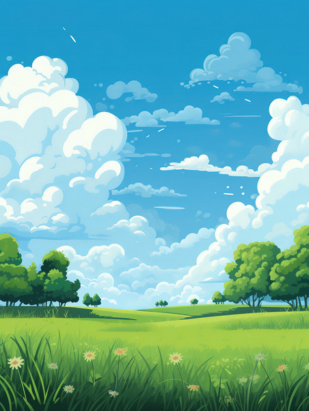 创意春天春季草原天空云朵葱郁的草地插画图片