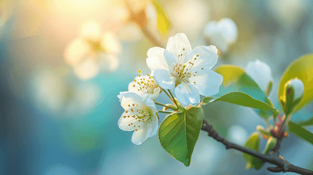 创意春天阳光下树枝枝头开花的桃花梅花背景图1