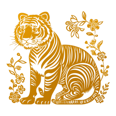 创意金色剪纸风传统十二生肖虎设计图金箔动物