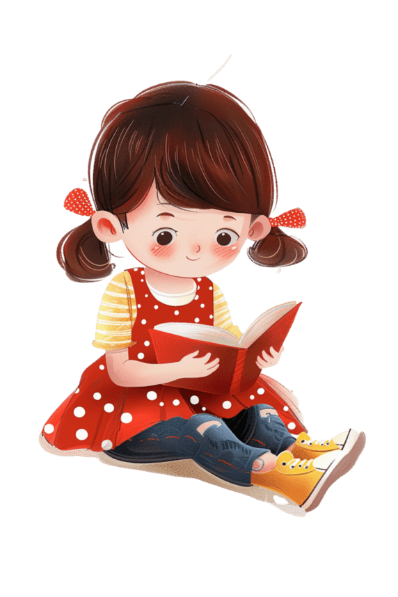 创意元素可爱的女孩坐着读书手绘卡通