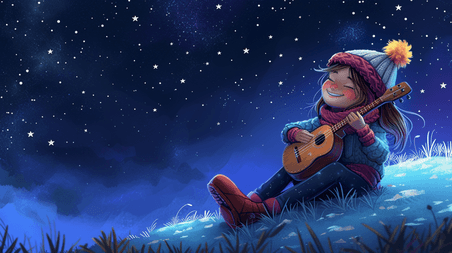 创意冬季星光下星空夜空浪漫文艺女孩抱着吉他的插画19