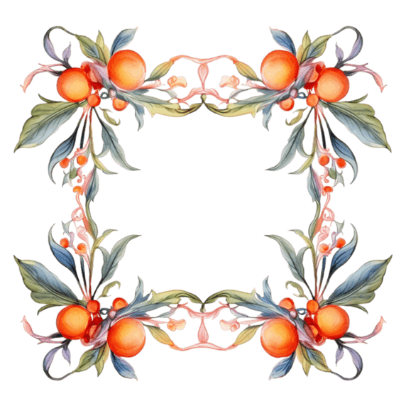 创意素描橘子柿子造型树枝水果元素免抠图案边框