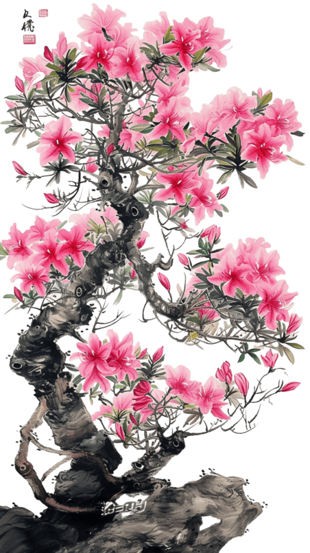 创意中国风水墨植物树木花朵春天手绘杜鹃花元素