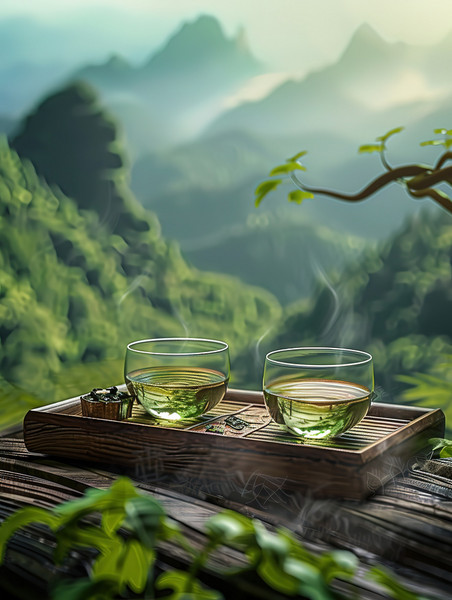 创意春茶放在木托盘餐饮中式茶道茶园品茶摄影图