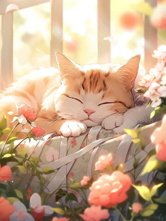 创意可爱的小猫和花春天春季风景漫画童话卡通插画海报