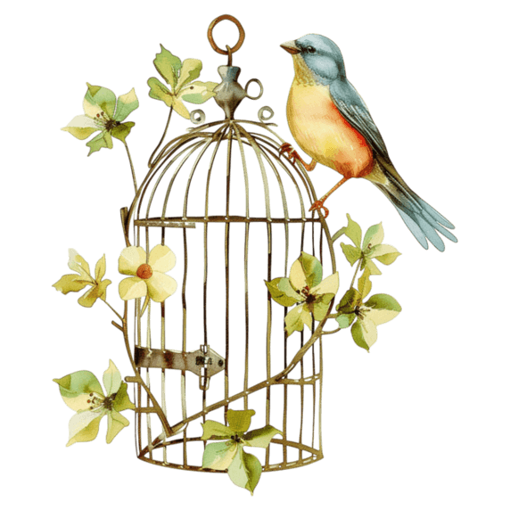 创意花草笼子小鸟手绘春天水彩鸟笼元素