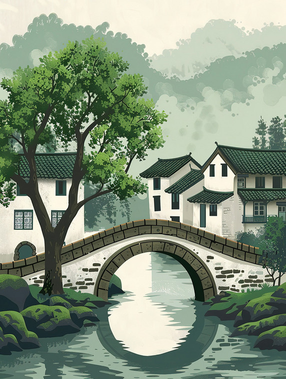 清明节江南水乡创意传统乡村春天小桥流水插画