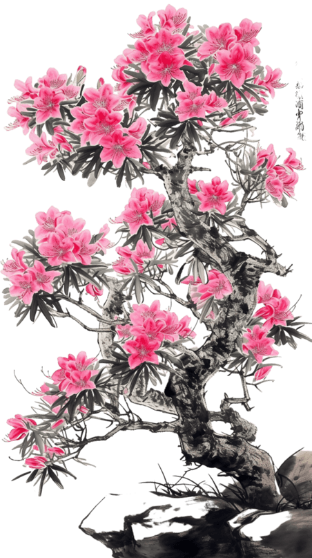 创意手绘春天中国风水墨杜鹃花植物树木花朵元素