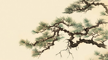 中国风水墨创意松树迎客松古代绘画插画海报