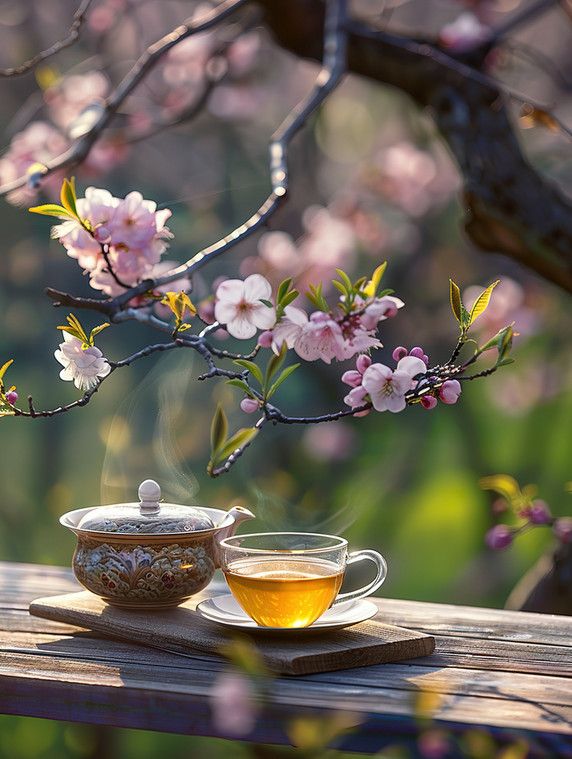 优雅创意春天桃花树下喝茶餐饮中式茶道茶园品茶摄影配图