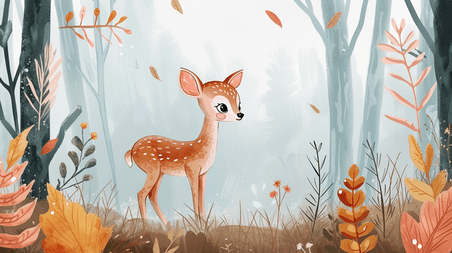 创意手绘卡通森林里小鹿童话春天春季的插画18