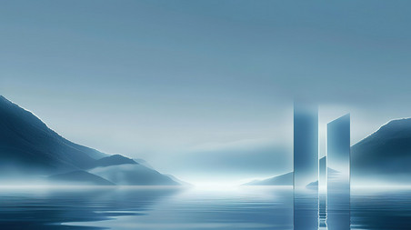 创意浅蓝色山水电商展台大气商务企业背景图