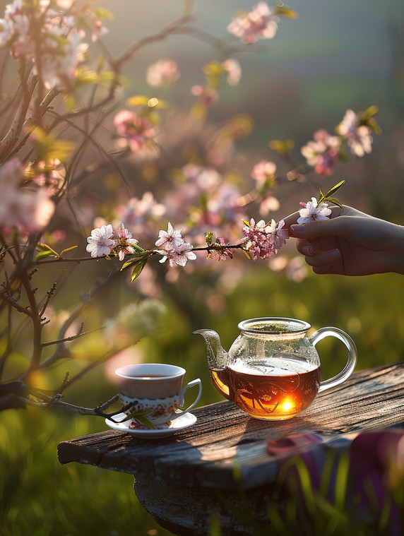创意春天优雅餐饮中式茶道茶园品茶桃花树下喝茶高清图片