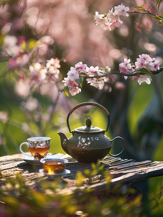 创意春天桃花树下喝茶品茶茶道茶艺摄影配图