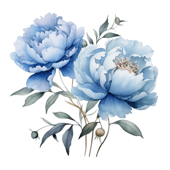创意ai艺术蓝色花朵元素水彩植物牡丹芍药