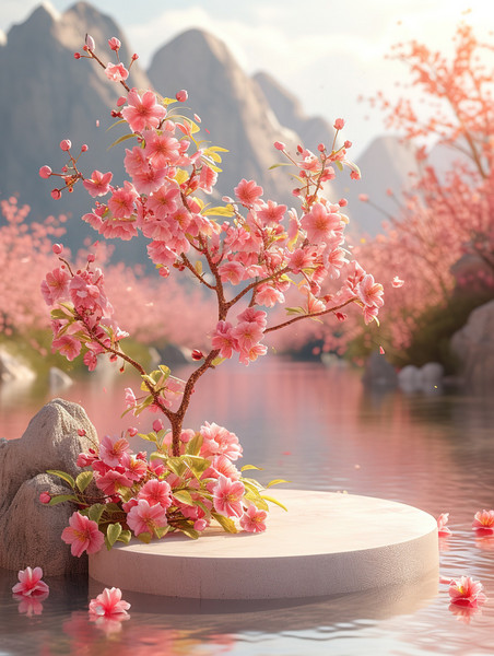 创意春天温暖阳光樱花季植物桃花电商展台图片