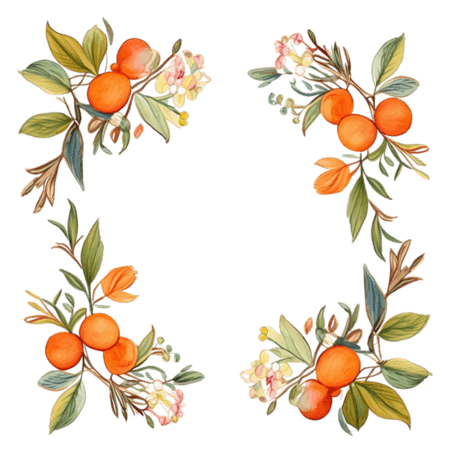 创意简洁树枝水果元素素描橘子柿子边框免抠图案