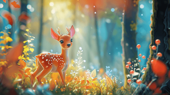春天童话春季森林里阳光明媚下可爱小鹿的插画5