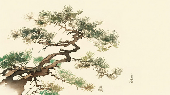 创意松树迎客松古代绘画原创中国风水墨插画