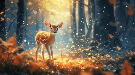 创意森林里阳光明媚下可爱小鹿的春天童话春季插画1