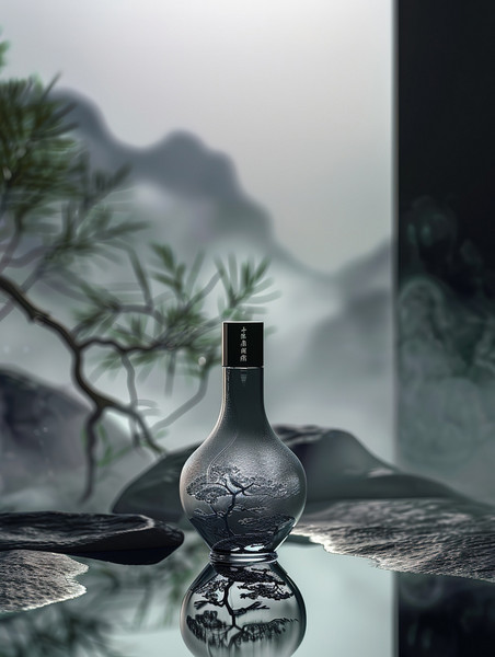 清明节中式中国风山水创意酒水瓶子雅致产品摄影高清图片