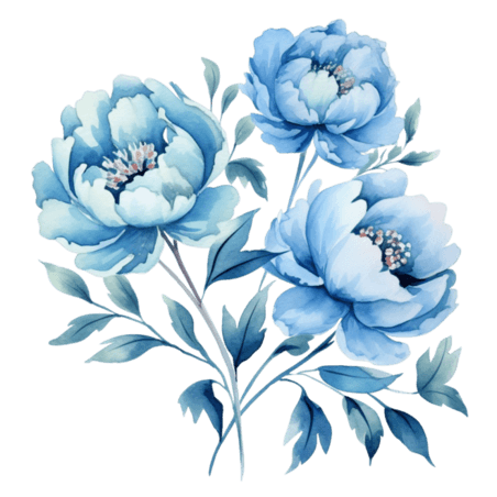 创意水彩植物牡丹芍药ai绘画蓝色花朵元素免抠图案