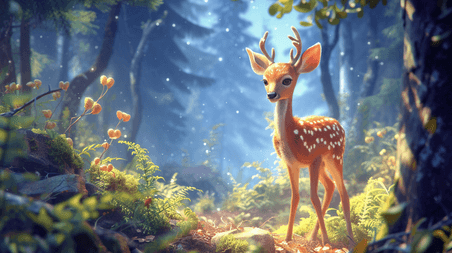 春天童话春季创意唯美森林里彩色小鹿的插画11