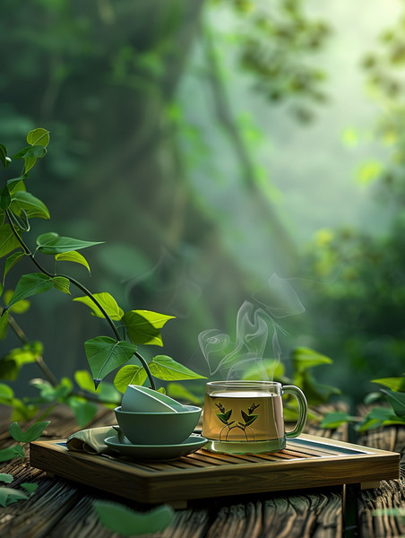 创意餐饮中式茶道茶园品茶春茶放在木托盘上照片