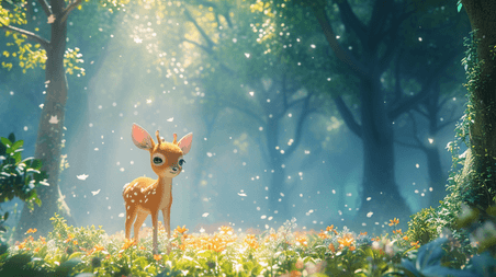 创意唯美森林里彩色童话春天春季小鹿的插画9