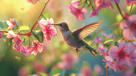 创意美丽春天蜂鸟动物背景阳光花丛里小鸟采花的插画10