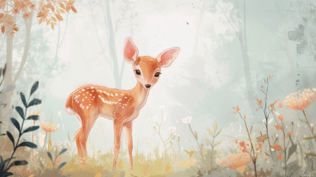 创意手绘卡通森林里小鹿的童话春天春季插画1