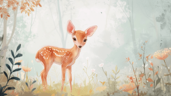 创意手绘卡通森林里小鹿的童话春天春季插画1