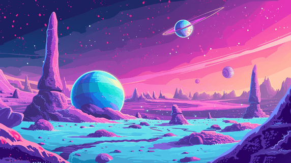 创意卡通漫画宇宙星球行星的赛博科幻撞色紫色插画19