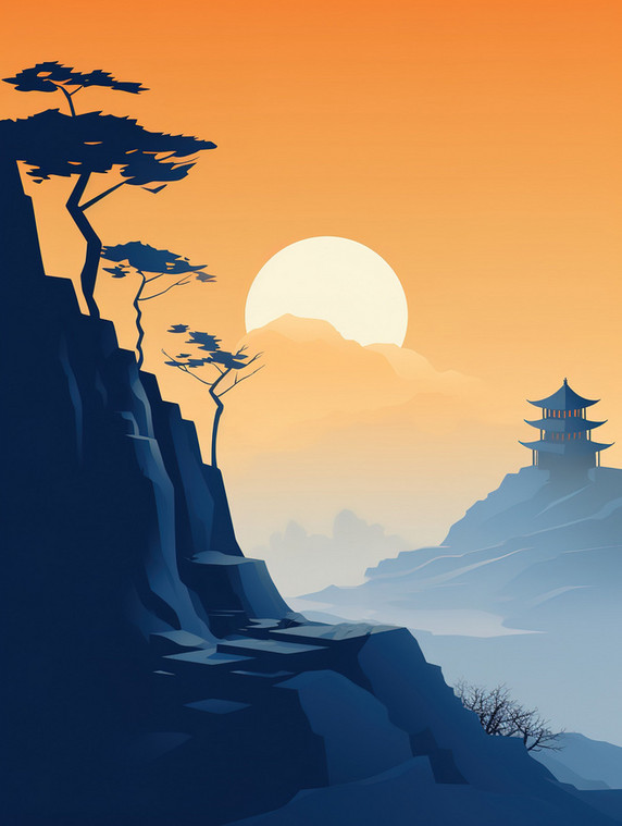 创意撞色剪影夕阳中国风东方山景亭子宁静祥和插画素材