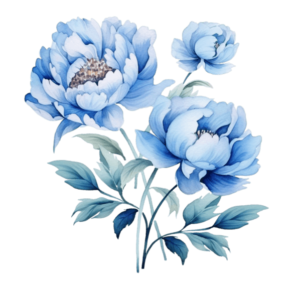 创意简约水彩植物牡丹芍药蓝色花朵元素免抠图案