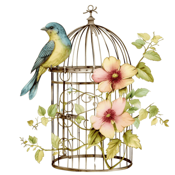 创意春天花草水彩鸟笼笼子小鸟手绘元素