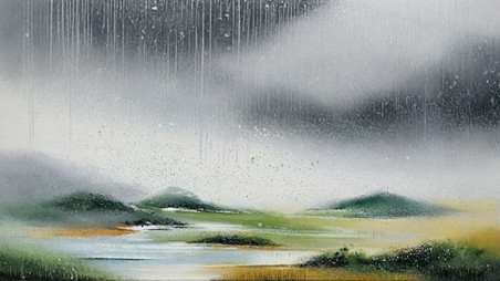 创意清新春天大雨中的风景清明节下雨植物中国风背景