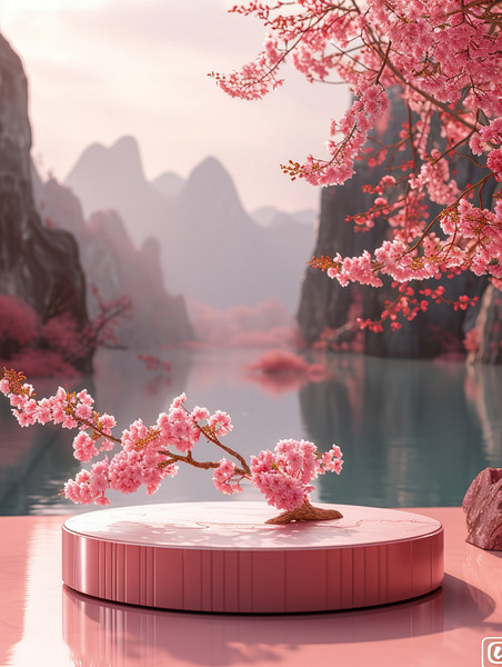 樱花季植物春天温暖阳光桃花电商展台背景图