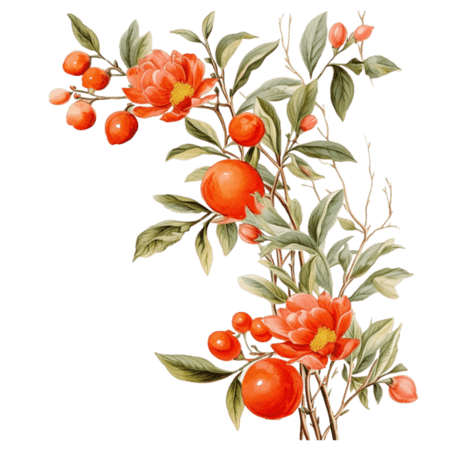 创意ai树枝水果元素素描橘子柿子边框免抠图案