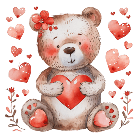 创意情人节免抠元素可爱小熊爱心手绘动物水彩童话
