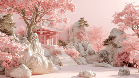 创意3D粉色中式古建筑古风庭院的插画6