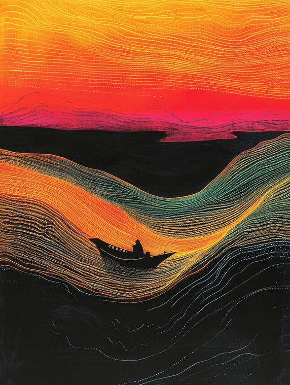 创意中国风河中的一叶扁舟创意线条抽象清明节插画11