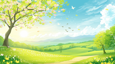 创意扁平化简约户外风景风光的春天森林花园插画5