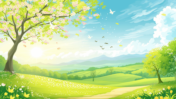 创意扁平化简约户外风景风光的春天森林花园插画5