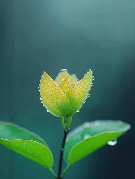 创意春天嫩叶雨水露水春雨露珠发芽植物背景图